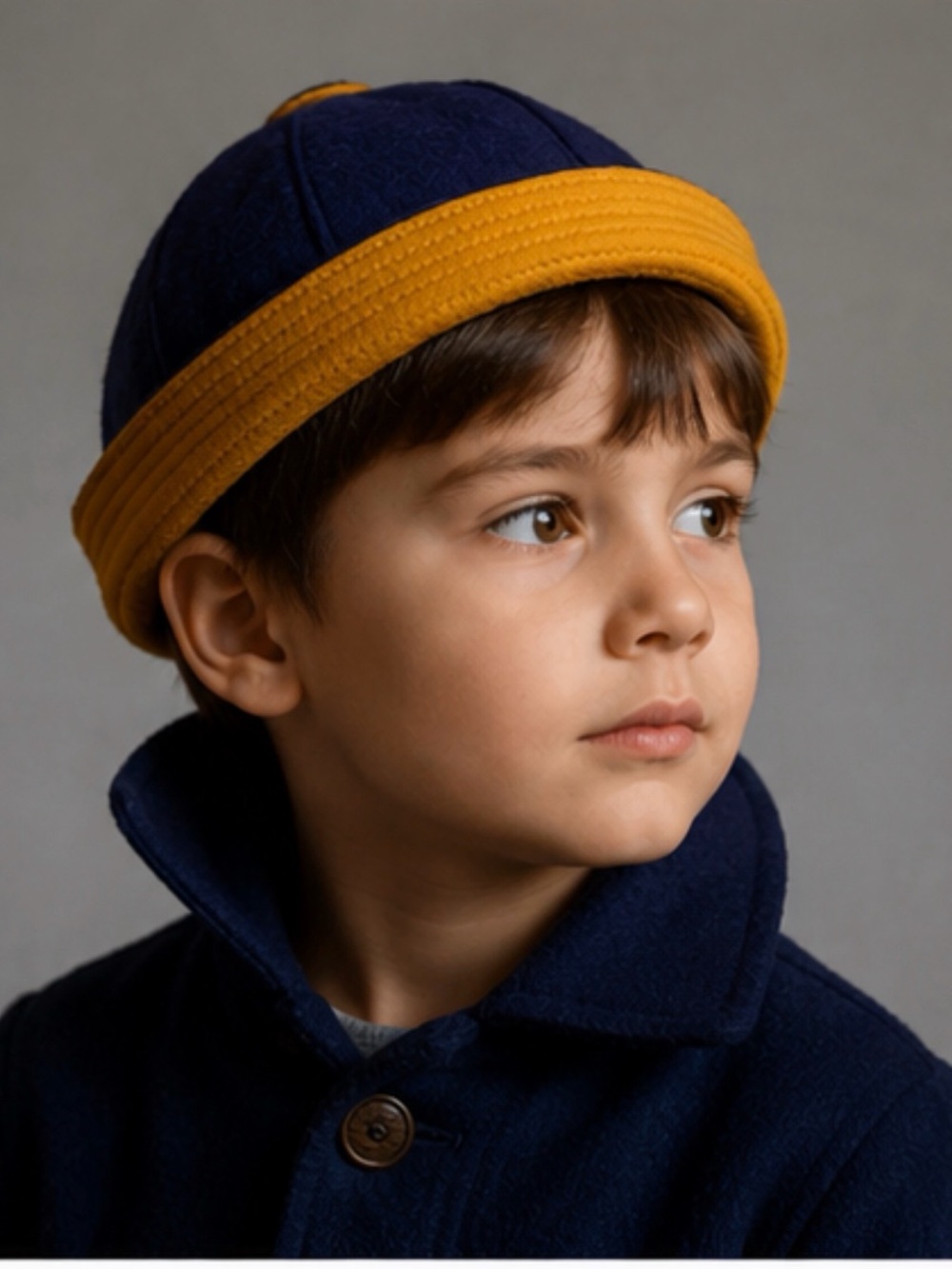 Vintage Collegiate Dink Beanie Cap Navy Blue Mustard Yellow Wool Felt Small